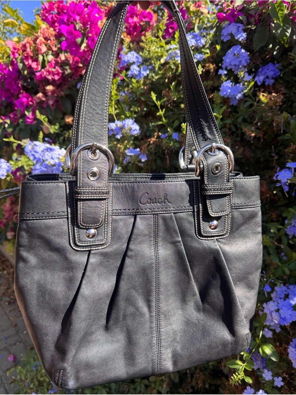 Coach Black Leather Pleated Hobo Shoulder Bag